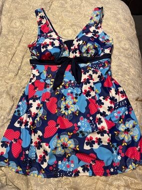 Women’s Navy Floral Print Fit-and-Flare All-in-One piece swim suit